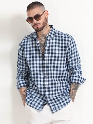 Indigo Dyed Premium Men Shirt, Regular Fit, Pure Cotton, White-Navy-S