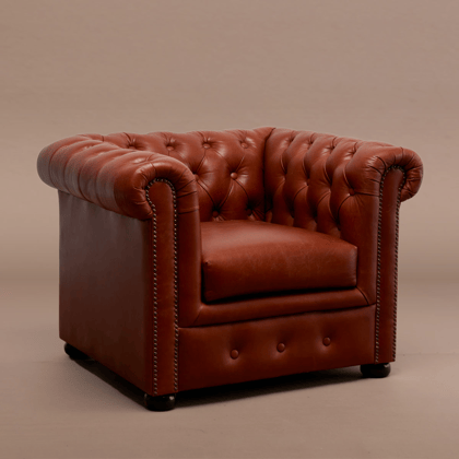 Chesterfield Leather Single Seater Sofa Brown-Brown