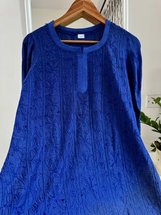 Chikankari Muslin short Top in sky Navy Blue-Blue / cotton / XS