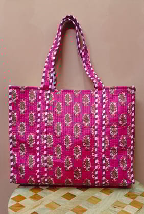 Handblock Printed Quilted Tote Bag without zip/button 17x18x 6 inches