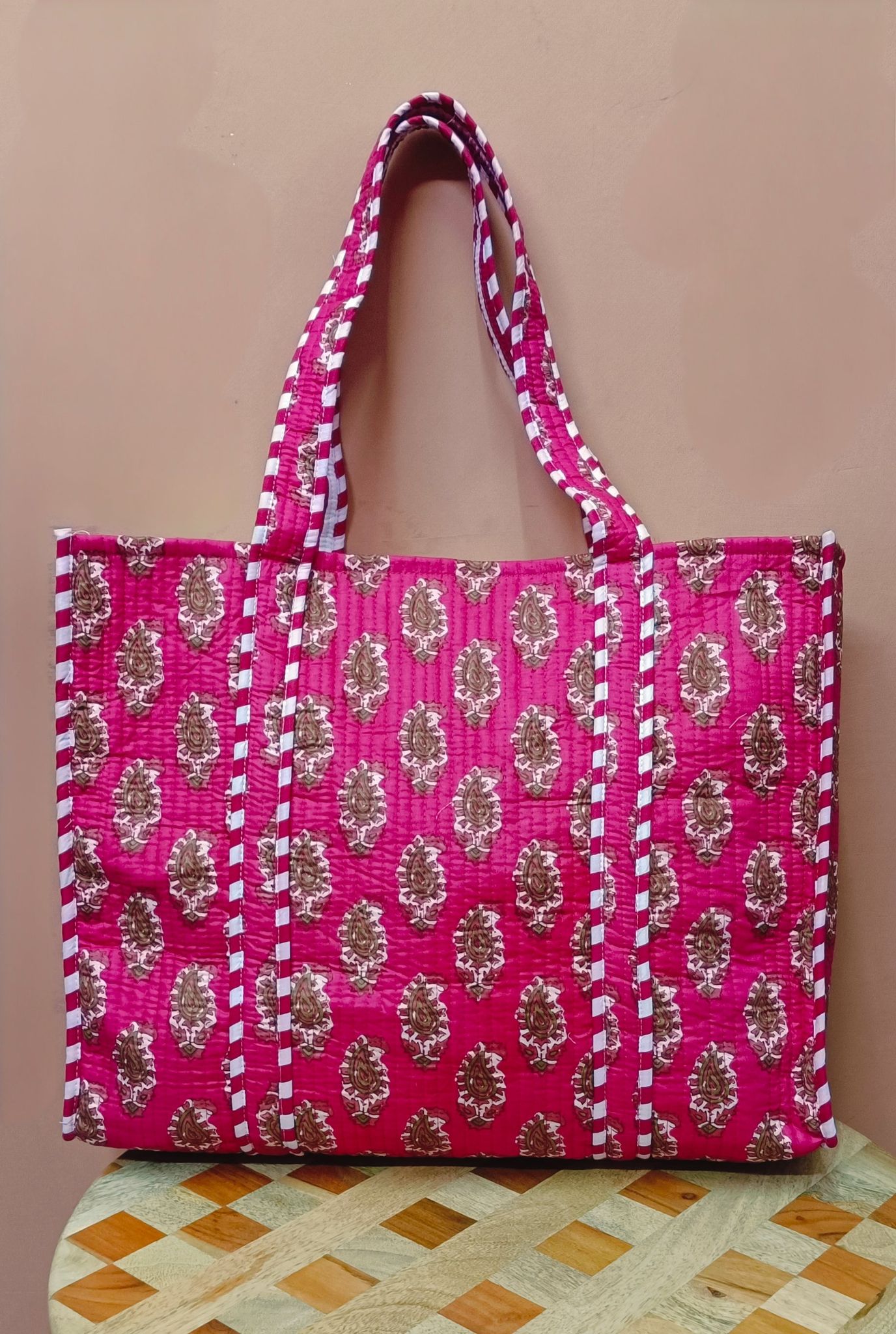 Handblock Printed Quilted Tote Bag without zip/button 17x18x 6 inches