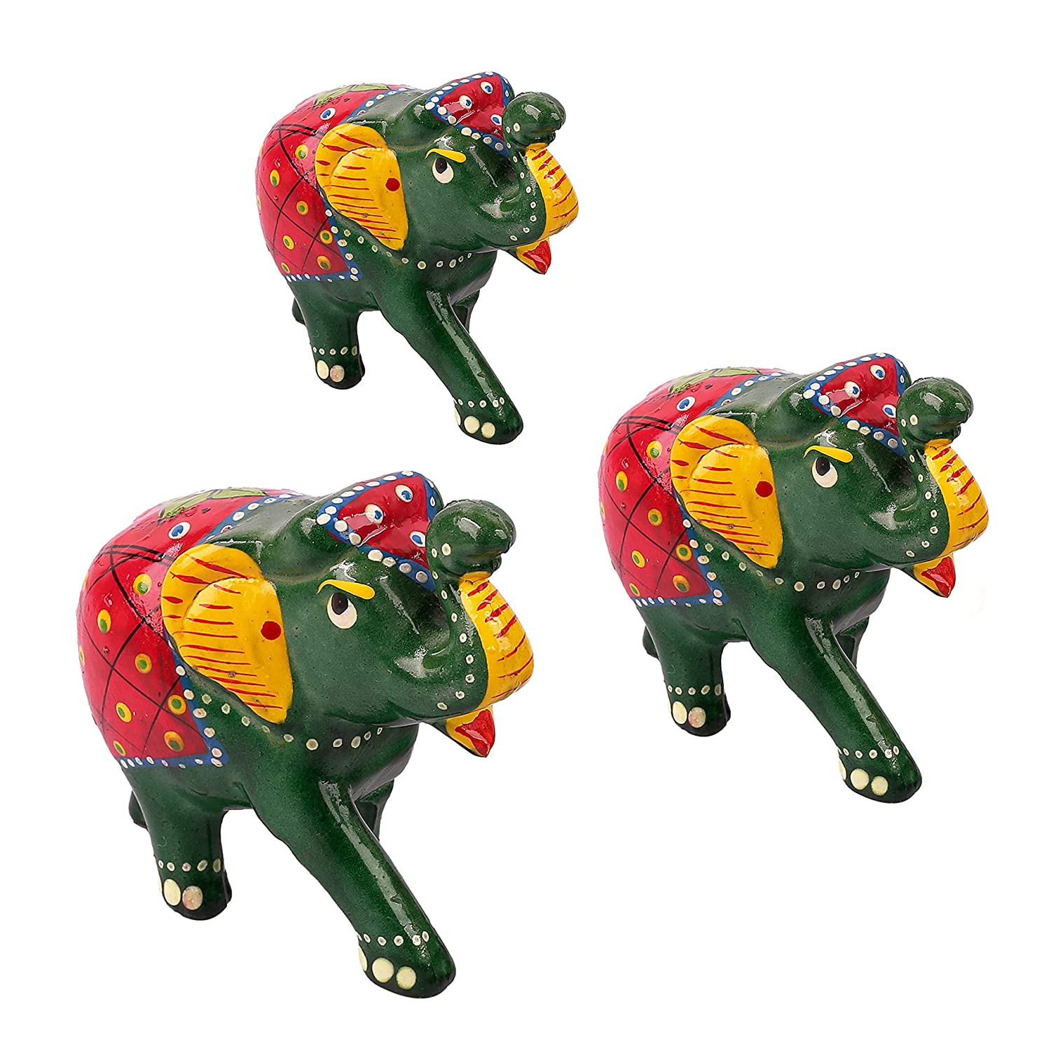 DreamKraft Paper Mache Elephant Showpiece, Standard, Green, 3 Pieces