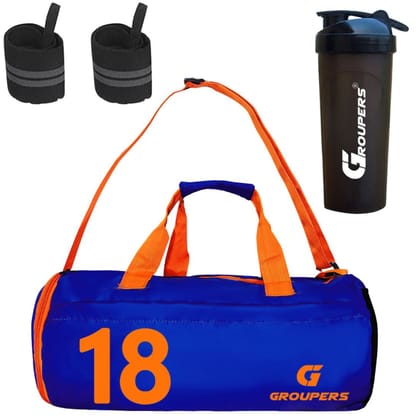 GROUPERS Combo Set of Duffle Polyester Bag with Shaker Bottle-700ml & Wrist Band (Blue 18) GROUPERS Combo Set of Duffle Polyester Bag with Shaker Bottle-700ml & Wrist Band (Blue 18)