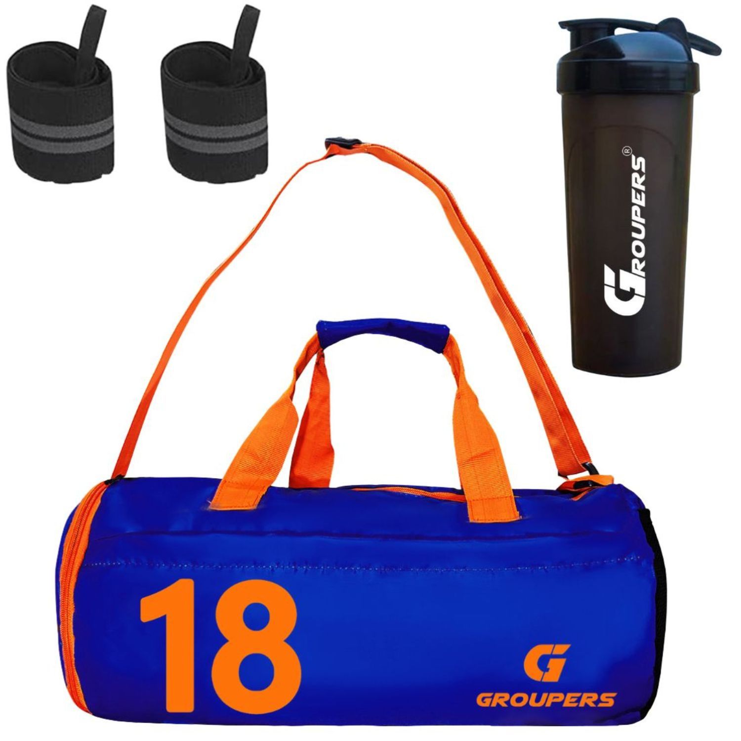 GROUPERS Combo Set of Duffle Polyester Bag with Shaker Bottle-700ml & Wrist Band (Blue 18)