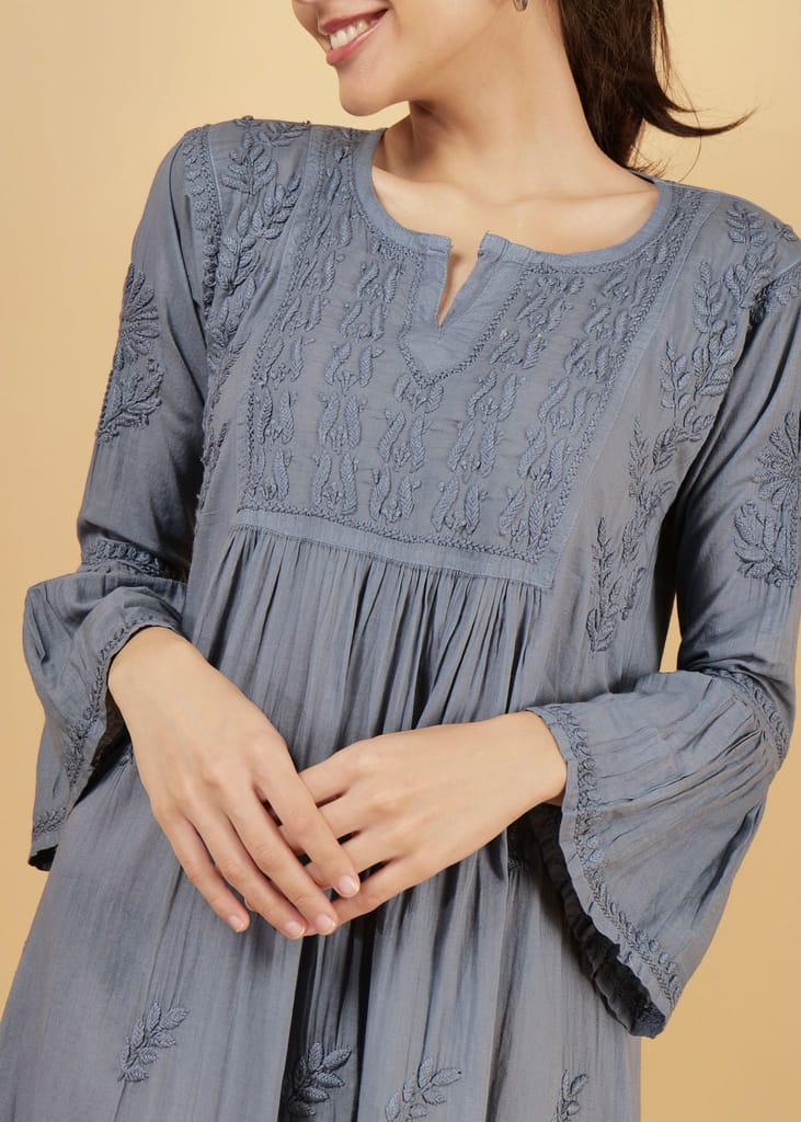 Mulmul Hand Embroidered Knee length Chikankari Dress Grey