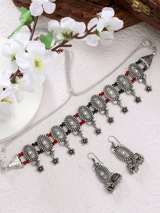 NVR Women Silver-Plated Choke Oxidized Necklace with Jhumka Earrings-Silver / Female / Adults