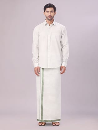 Mens Tissue Olive Green Color Flexi Dhoti Shirt Wedding Combo Maverik Flexi-36 / F/S / Olive Green