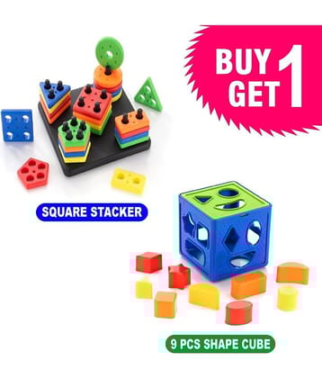 RAINBOW RIDERS Buy 1 Get 1 Combo (Plastic Shape Sorter Cube Block 9 Pcs Toy +  Square Shape Stacker Puzzle Game) Multicolor Baby Activity Toys For Boys Girls 3,4,5,6+ years