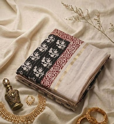 Handcrafted Bagh Print Dola Silk Saree