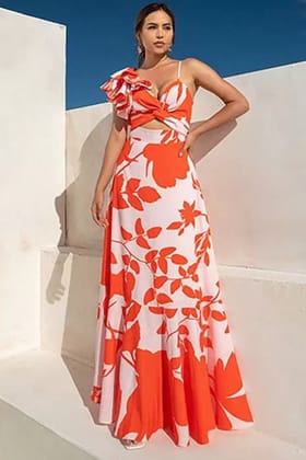 Nero Orange Printed Swimsuit With Skirt-L-XL