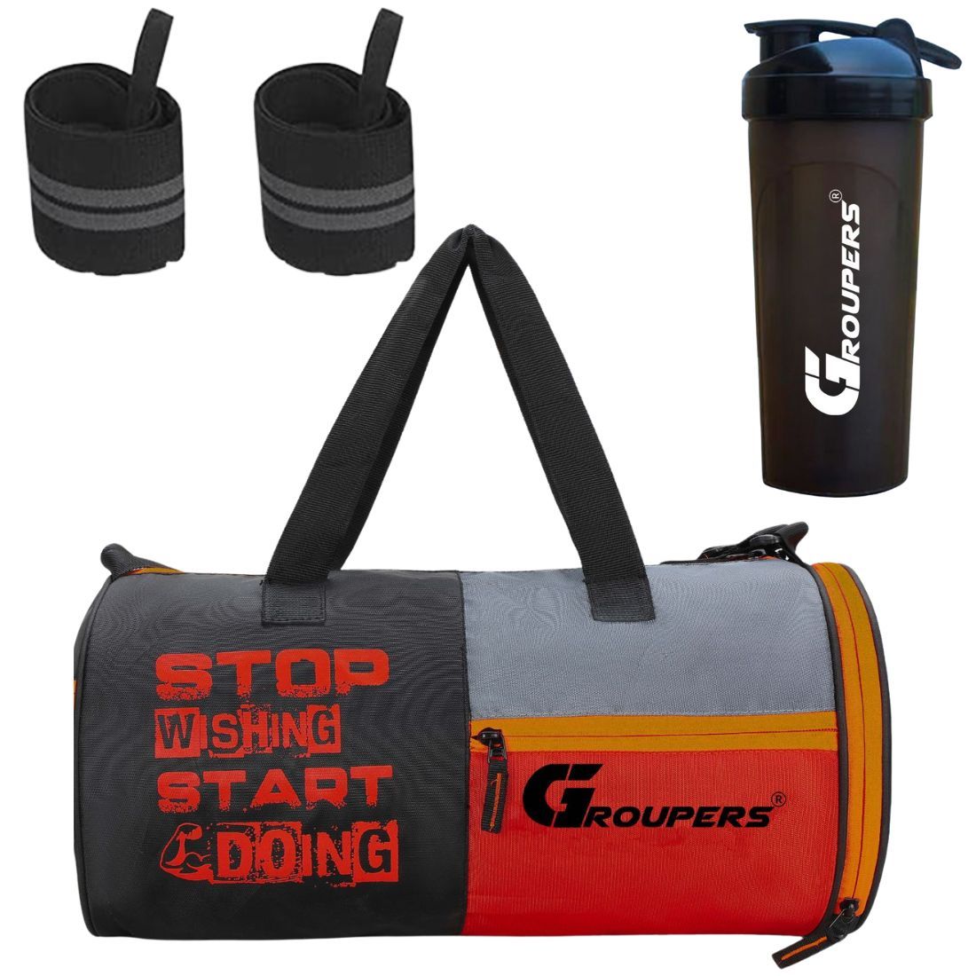 GROUPERS SWSD Duffel Bag l Gym Bags lWrist Band Support l Gym Shaker Bottle-700 ML (Black)