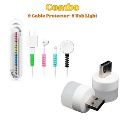 Combo 2 + 2 Cable Protector and Usb light | Cable Protector Data Cable Saver Charging Cords Protective for All Universal Earphone | Usb Night Light