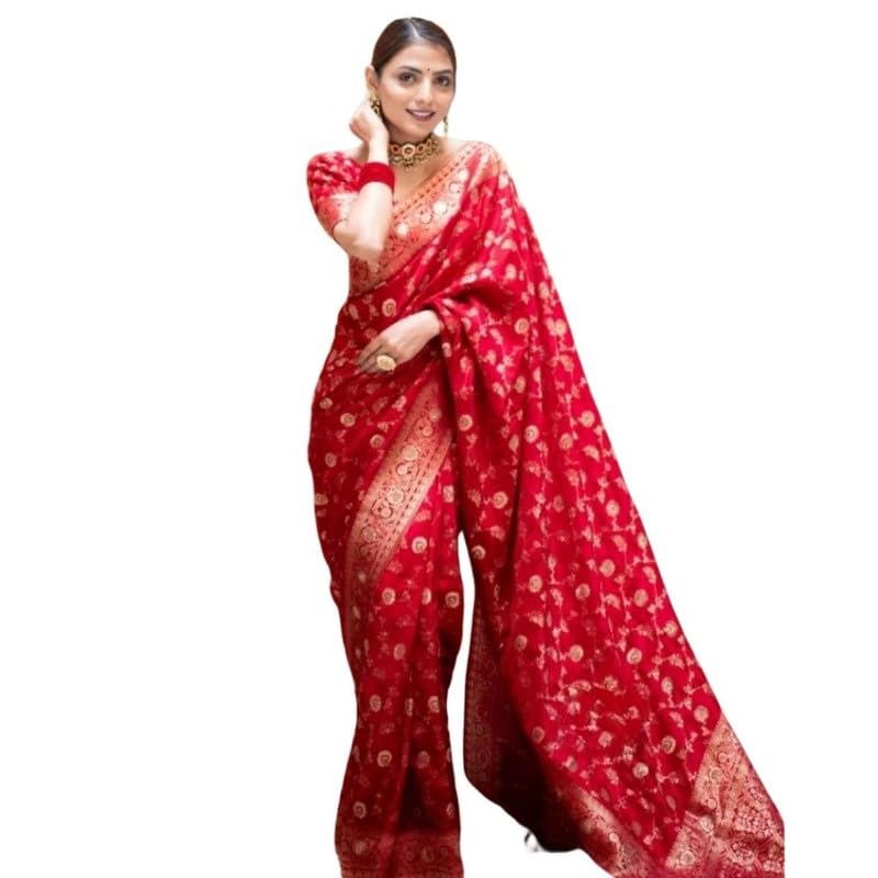 Women's Silk Printed Saree With Unstitched Blouse 5.5Mtr (Red)-PID60142