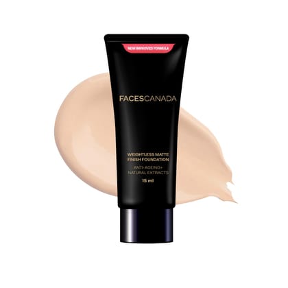 FACES CANADA Weightless Matte Finish Foundation - Beige, 15ml | Lightweight | Natural Finish | Anti-Ageing | Non-Clog Pores | Enriched With Olive Seed Oil, Grape Extract, Shea Butter FACES CANADA Weightless Matte Finish Foundation - Beige, 15ml | Lightwe