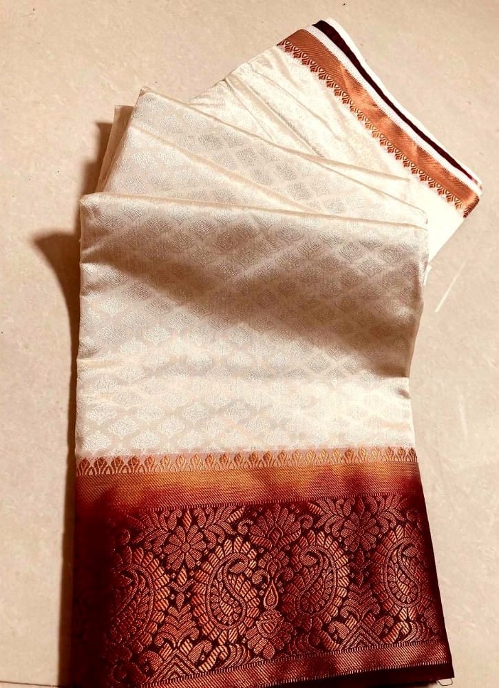Women's Kanjivaram Silk Saree with Unstitched Blouse Piece (White, 5-6 Mtrs)
