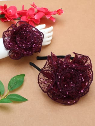 Sequins Flower Bracelet & Hairband Set-Burgundy-one Size / Burgundy