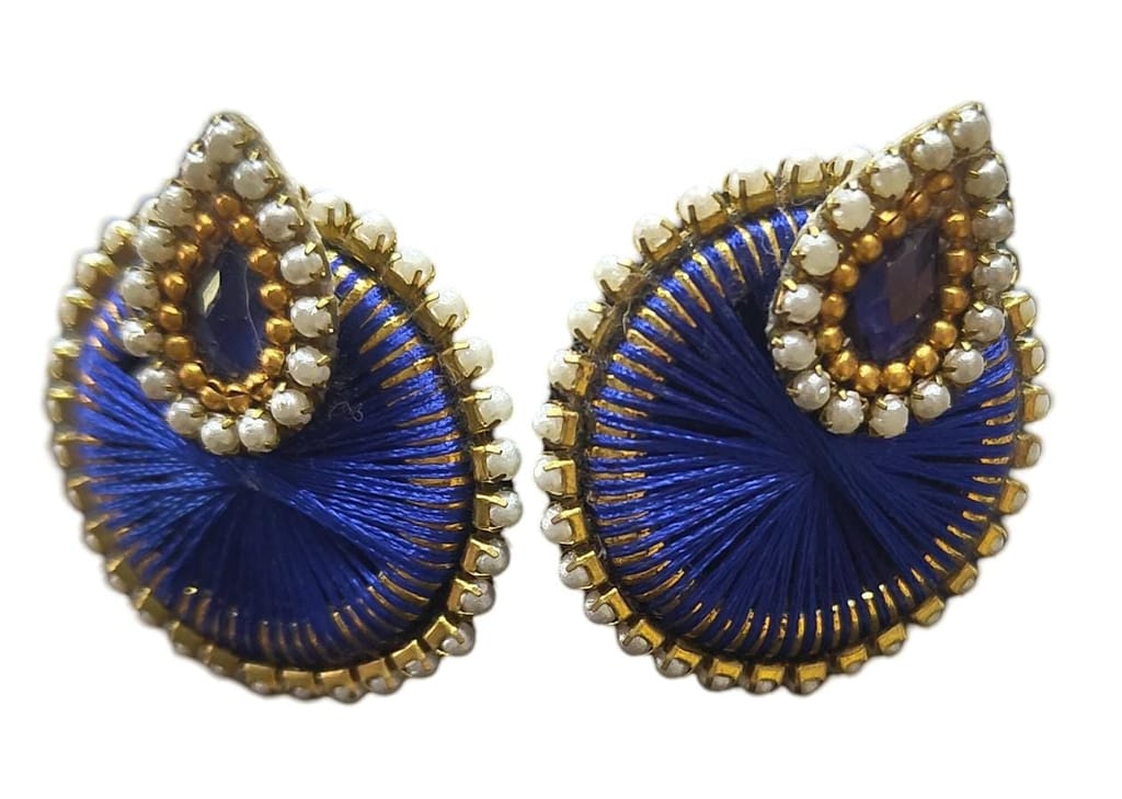 Blue Silk Thread Earrings with Pearl and Stone Detailing