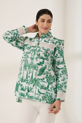 GREEN TOILE PRINTED COTTON SHIRT-Green / Cotton / XXS