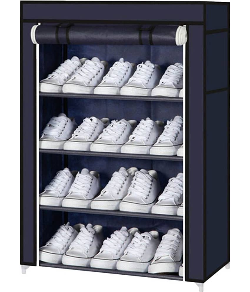KriShyam Metal Foldable/Collapsible 4 Tier Shoe Rack With Cover -Blue