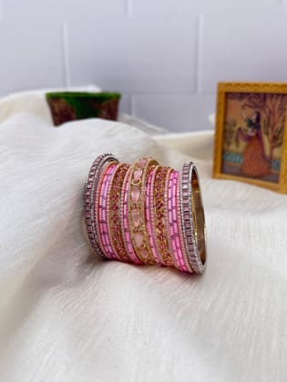 Designer Pink And Rose Metal & Stone Bangle Set - 5139-2.2 / Both Hands (you will get 2 sets)