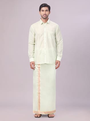 Mens Art Silk Pista Green Full Sleeves Shirt with Gold Jari Border Dhoti Combo Finesse-36 / F/S / Pista Green