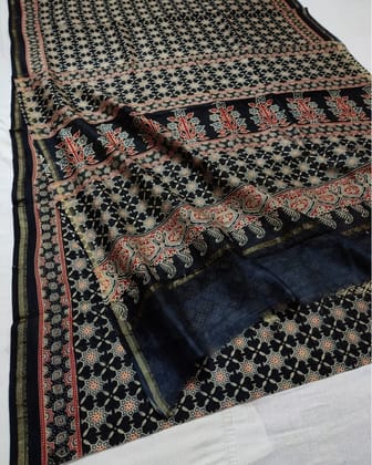 Lehrayein Chanderi Silk Dim Black Ajrakh Printed Saree