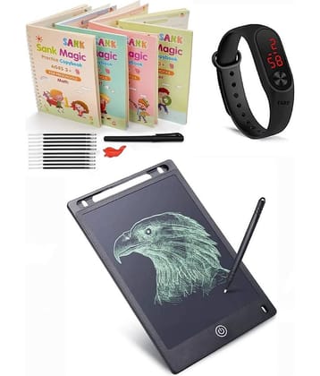 Combo Of 3 Pack - Sank Magic Practice Copy book & LCD Writing Tablet slate & LED Band Watch Digitel Multicolor By Laxmi Book Store