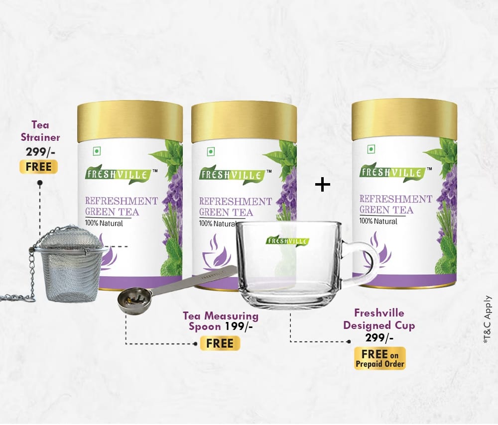 Freshville Refreshment Green Tea | Pure & Natural | Skin Glow | Immunity Booster | Removes Toxins | Peppermint, Lemon, Lemongrass, Lavender, Green Tea Tin (100g).45 Day Pack