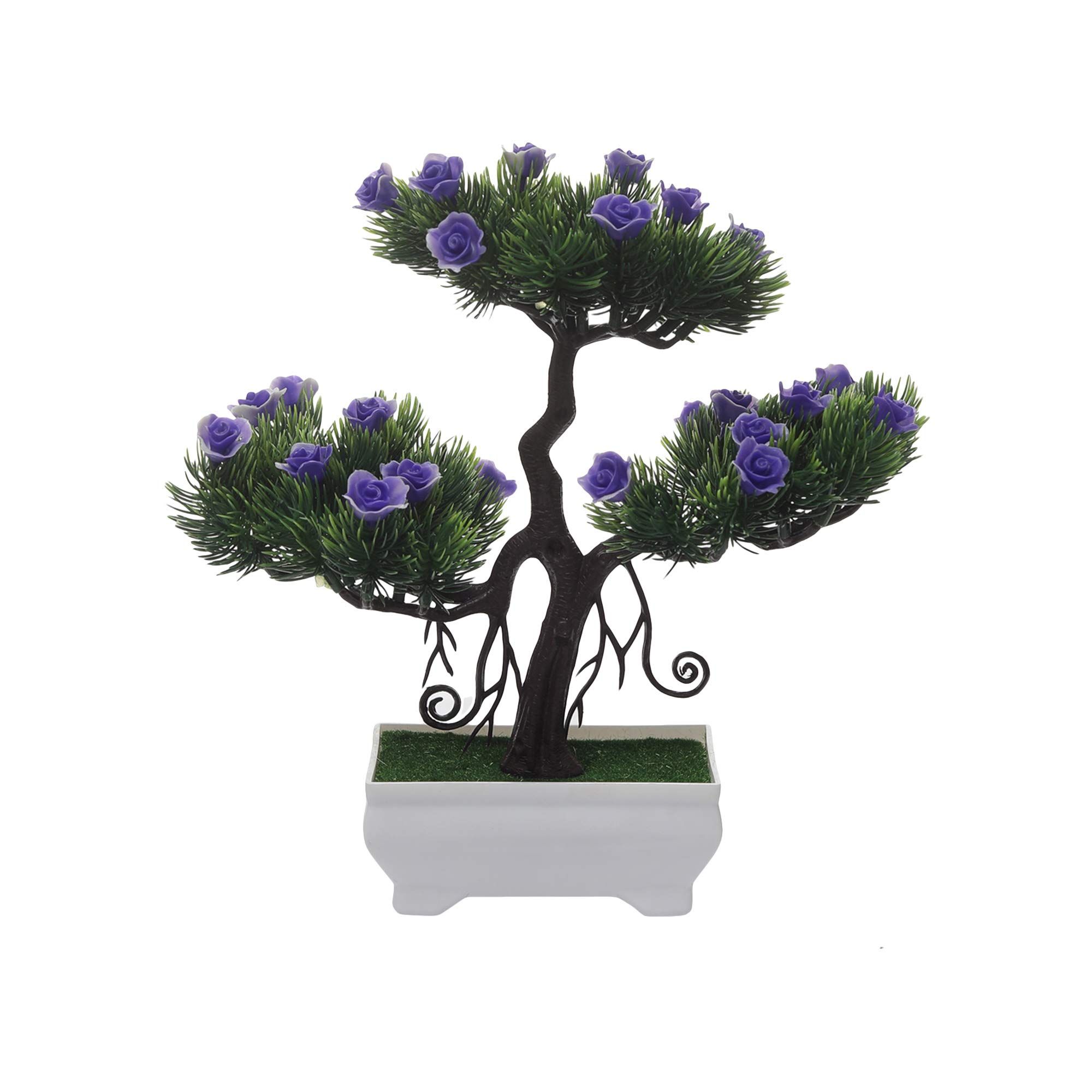 FOLIYAJ Artificial 3 Headed Bonsai Tree with Bushy Leaves and Dark Purple Roses
