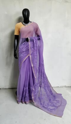 Purple Kota Doria Block Print Saree with Golden Zari Border