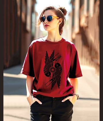 AUSK Women Cotton Blend Printed Oversized Round Neck T-Shirt ( Maroon )