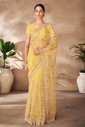 Yellow Embroidered Net Saree