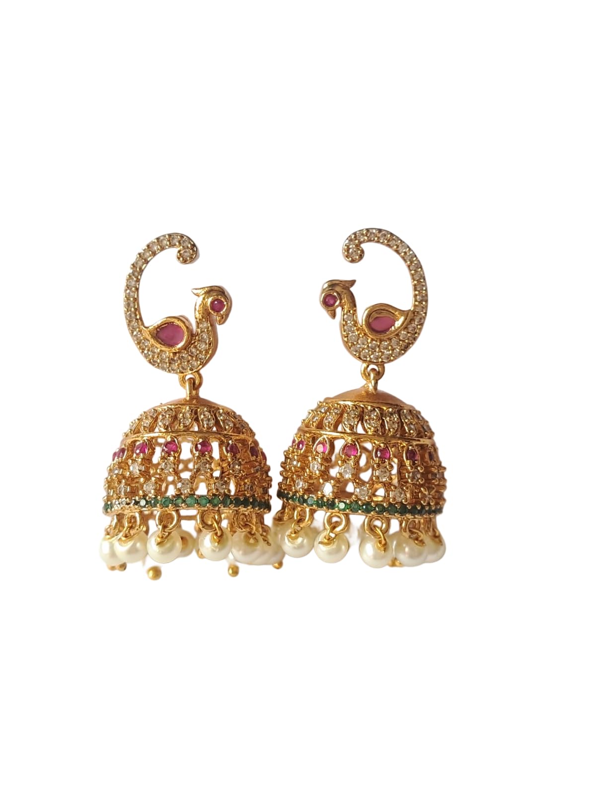 Anvaya Collections Traditional Gold Toned Peacock Jhumka Earrings with Pearl Drops, Indian Jewellery for Women