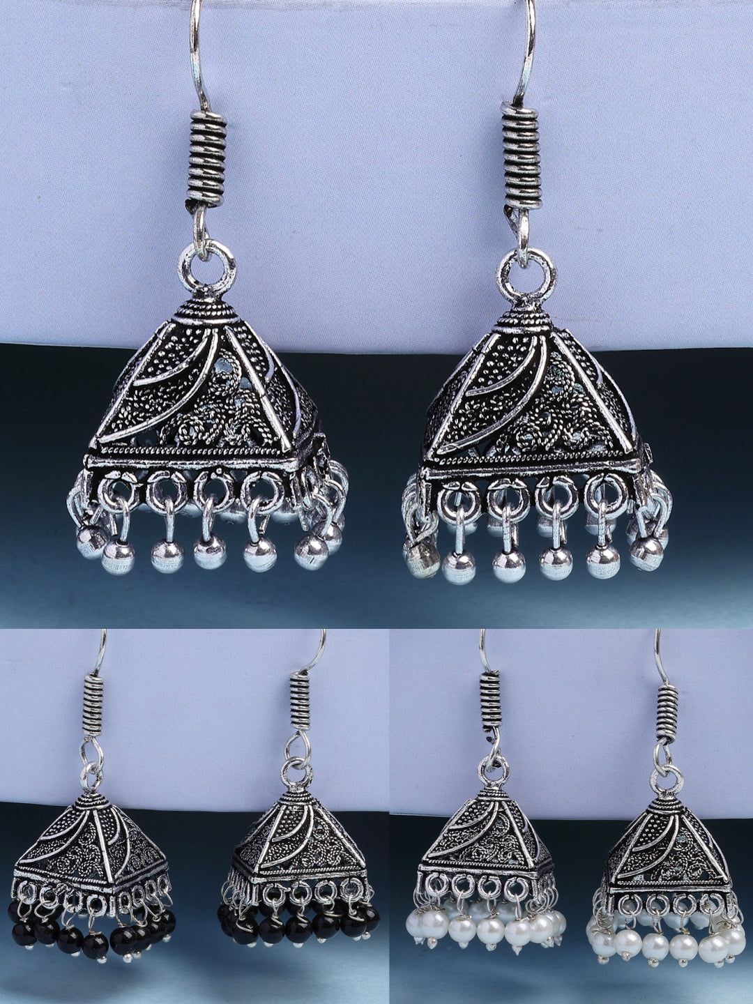NVR Women's Set of 3 Oxidized Silver Plated Artificial Beads Jhumka Earrings-One Size / Silver / German Silver