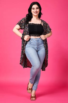 Navy Blue Floral Printed Shrug-L / Navy Blue