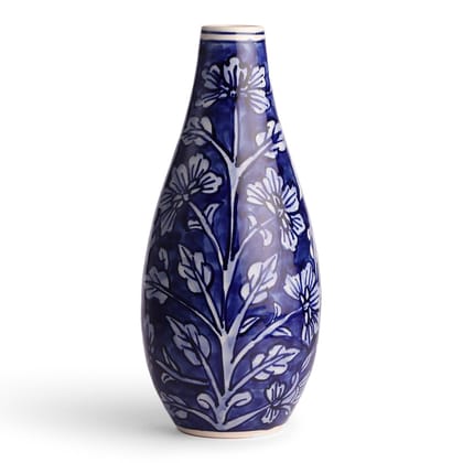 Floral Hand-Painted Ceramic Flower Vase - 11x5, Blue-11 inches x 5 inches / Ceramic / Blue