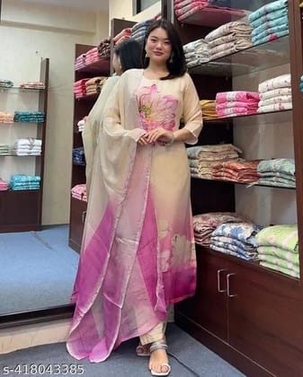 Beautiful  CHANDERI SILK Embroidered Straight Kurta with pant and dupatta sets-S