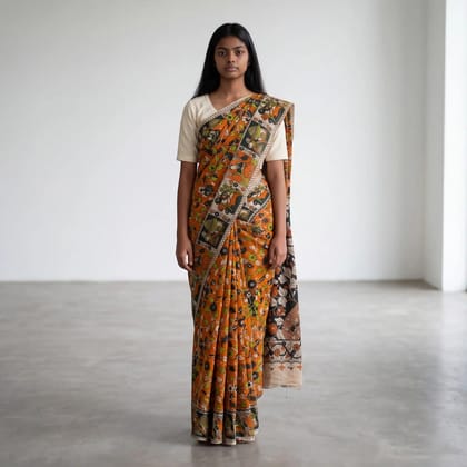 Kalamkari Print Cotton Saree Rust Orange Elephant