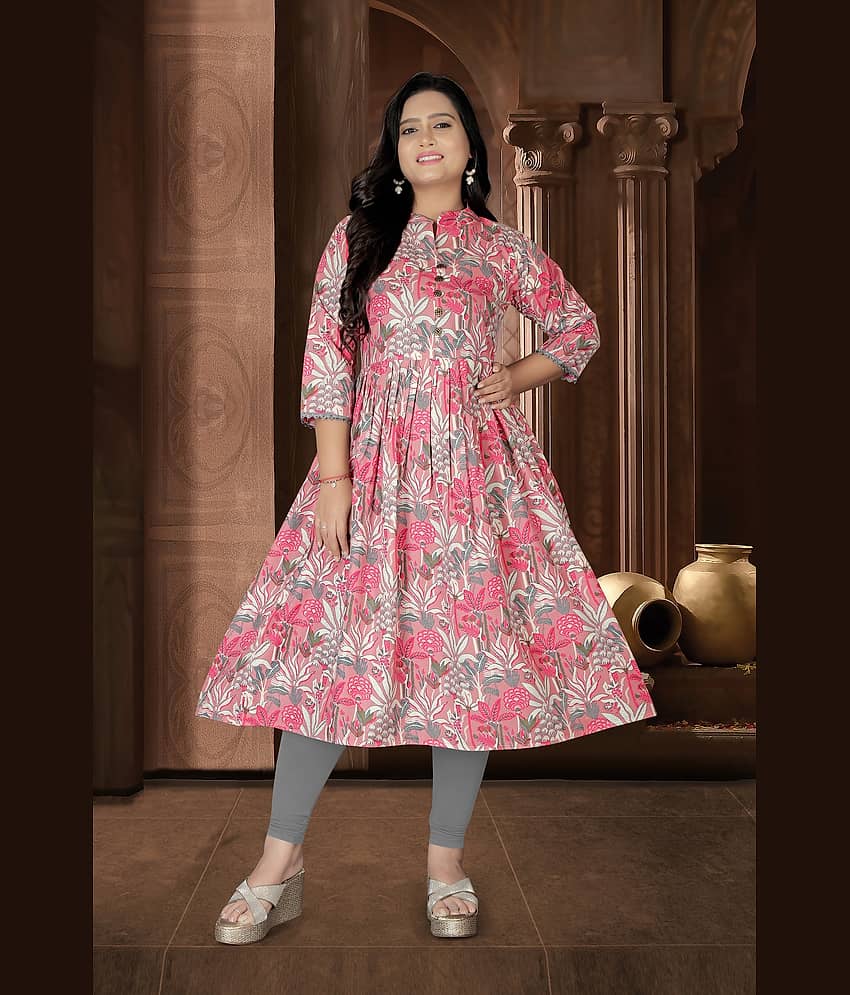 Hetsa Women Cotton Printed Anarkali Kurti ( Pink )