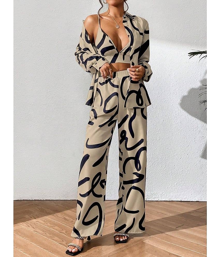COOL AND CASUAL Women Printed Top With Palazzos Co-Ord Set ( Beige )