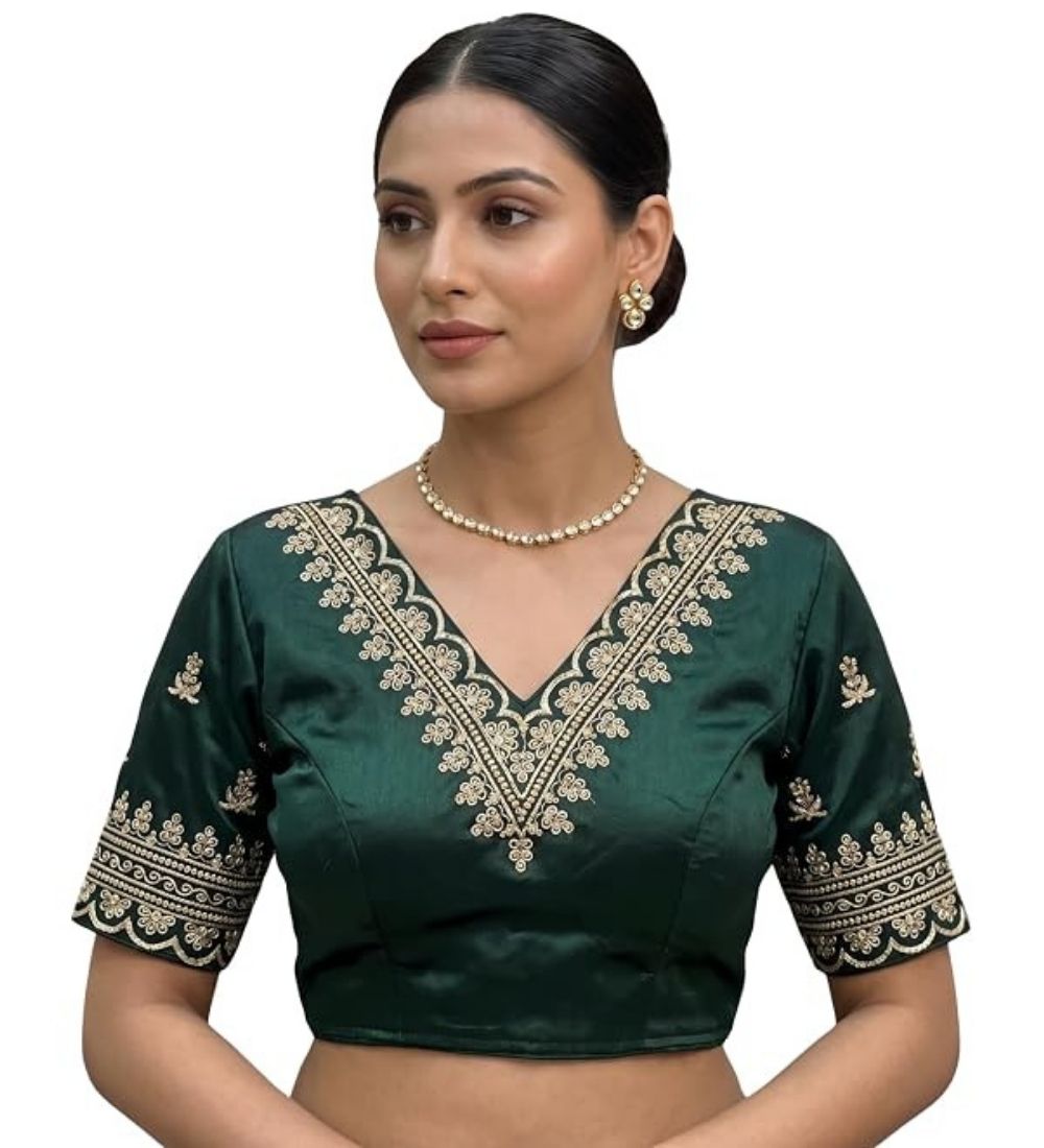 Women's Satin Embroidered Half sleeve V-Neck Padded Readymade Blouse (Dark Green, Size 38 - Self-Alterable 36โ40)