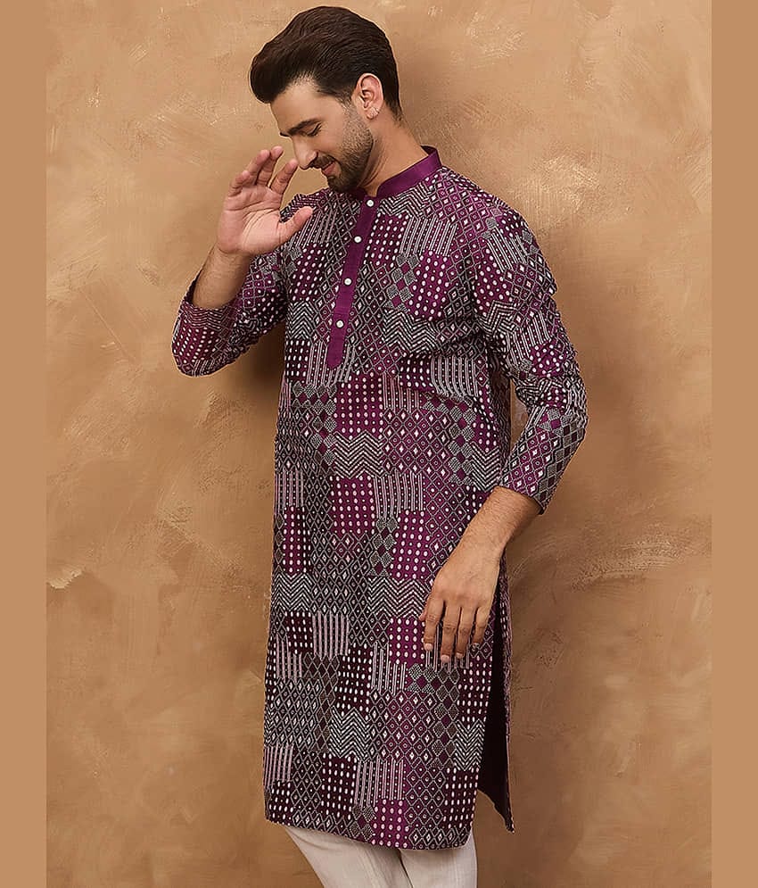 Ethnic Bay Blended Printed Regular Kurta For Men ( Purple )