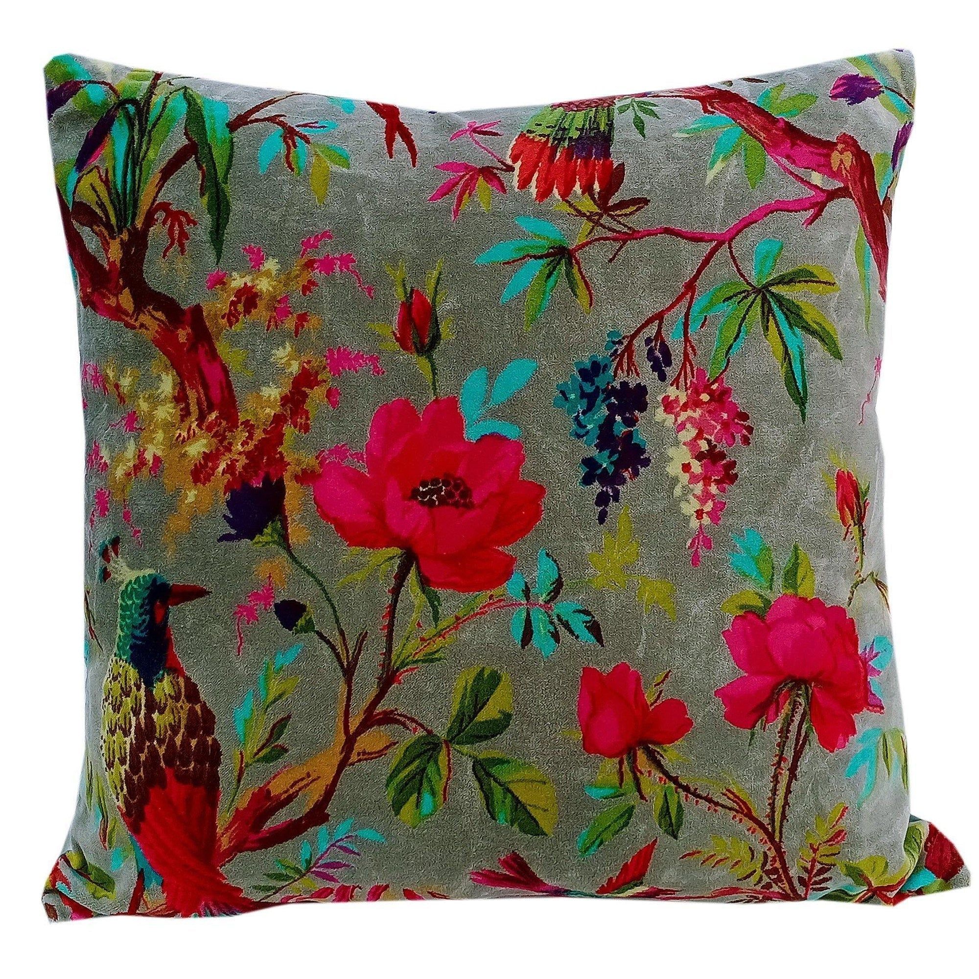 Birds of paradise velvet cushion cover- Grey-12 x 12 inches / Plain Cotton Backing