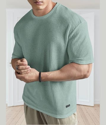 TAZO Cotton Blend Oversized Fit Self Design Half Sleeves Men's Round T-Shirt - Green ( Pack of 1 )