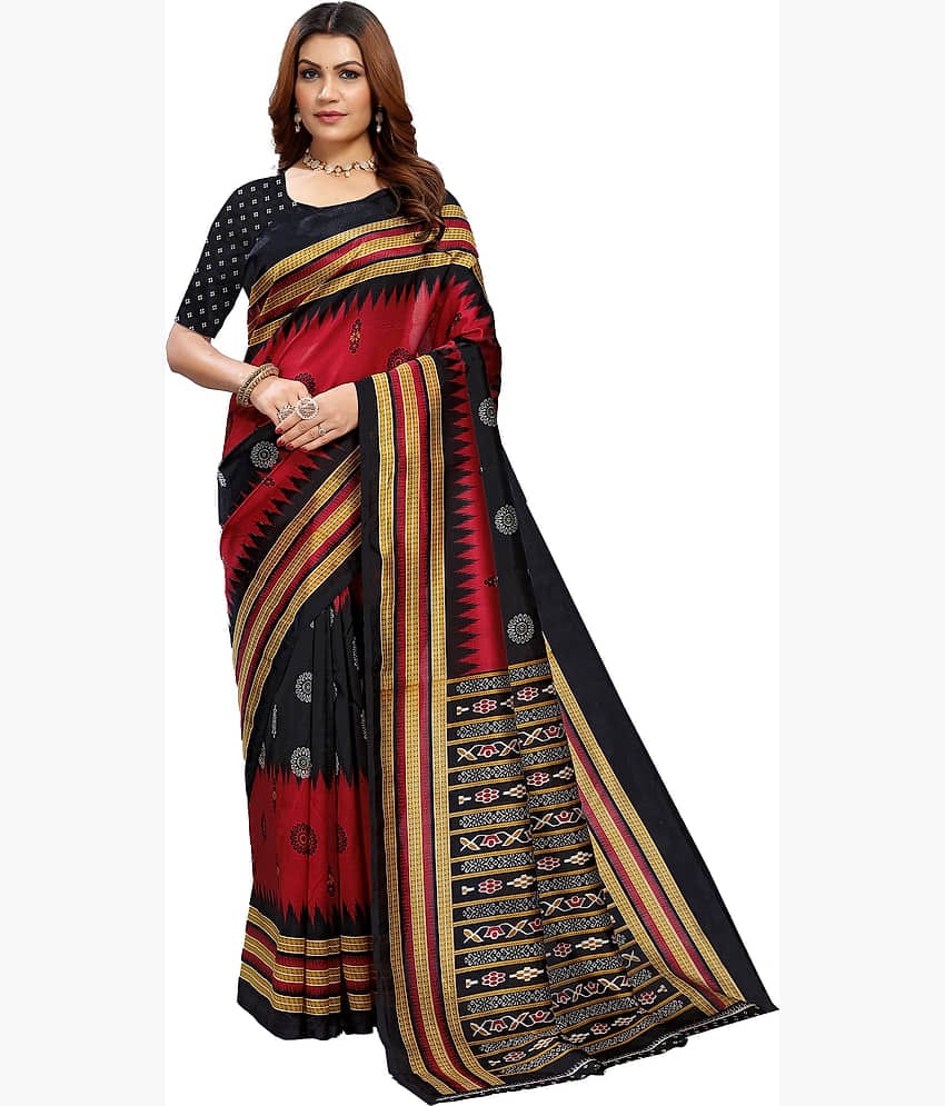 Kanooda Prints Art Silk Printed Saree With Unstitched Blouse Piece ( Black )