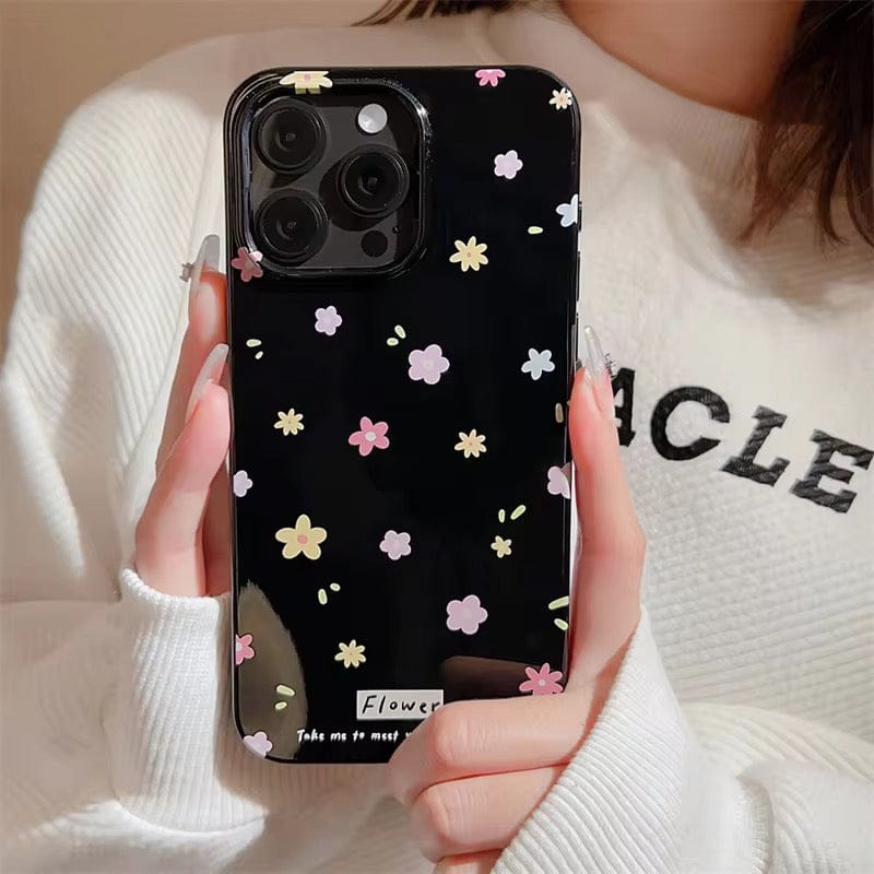 Colorful Candy Floral Flowers Black Glossy iPhone Soft Case-iPhone 15