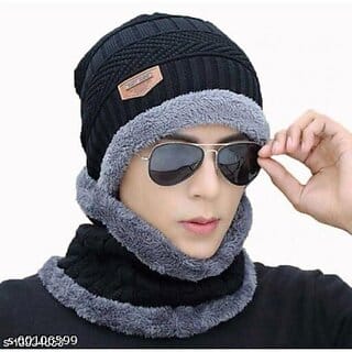 Fashlook Woolen Black Casual Winter Cap (Pack of 2)