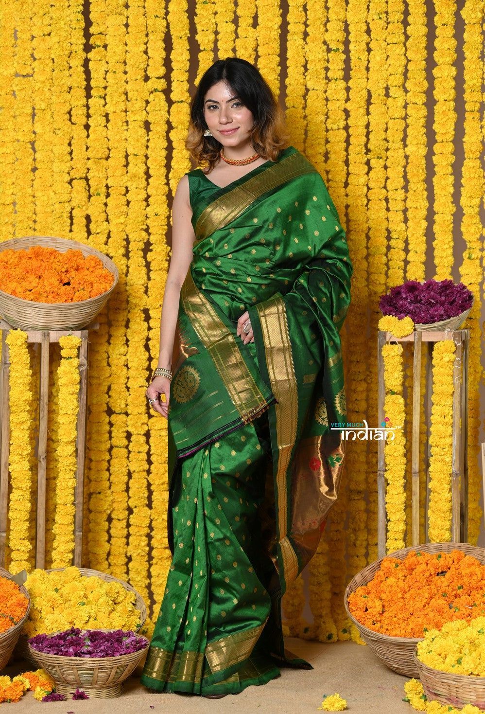 Rajsi~ Handloom Pure Silk Maharani Paithani With Handcrafted Maharani Pallu~ Dark Green(All over closer buttis)