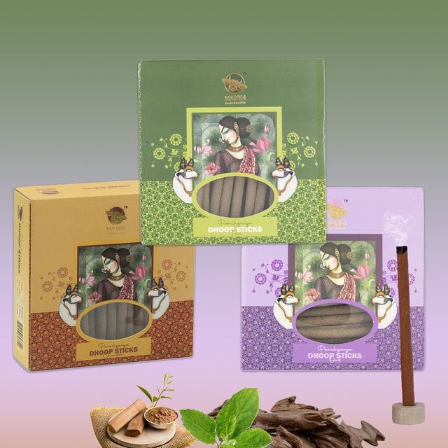 Nandi Panchgavya 100 Percent Cow Dung Dhoop Sticks for Pooja (Chandan, Tulsi, Oud Fragrance -Pack of 3,150 Sticks)