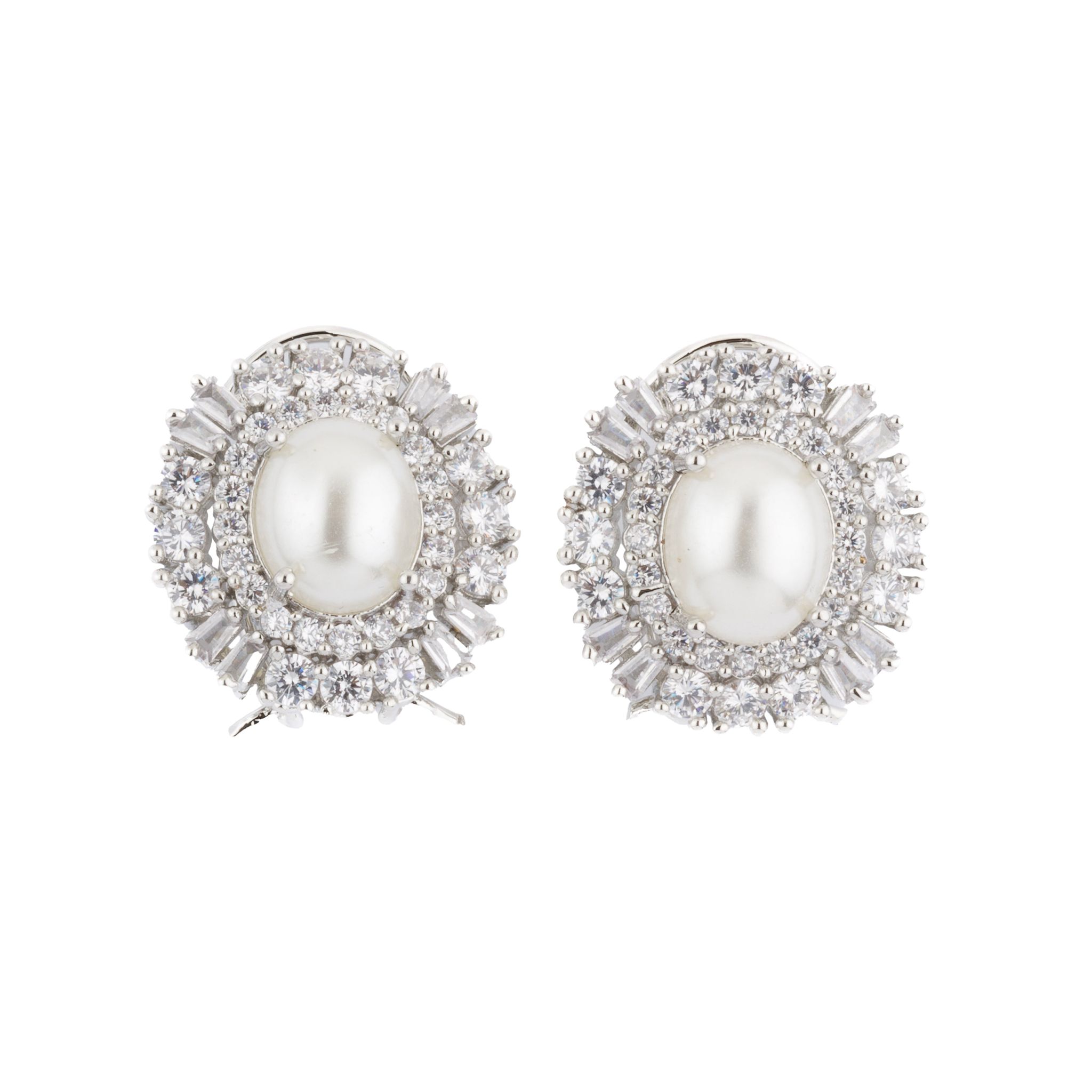 Rhodium Plated Zircon & Pearl Studded Stud Earrings- VE301